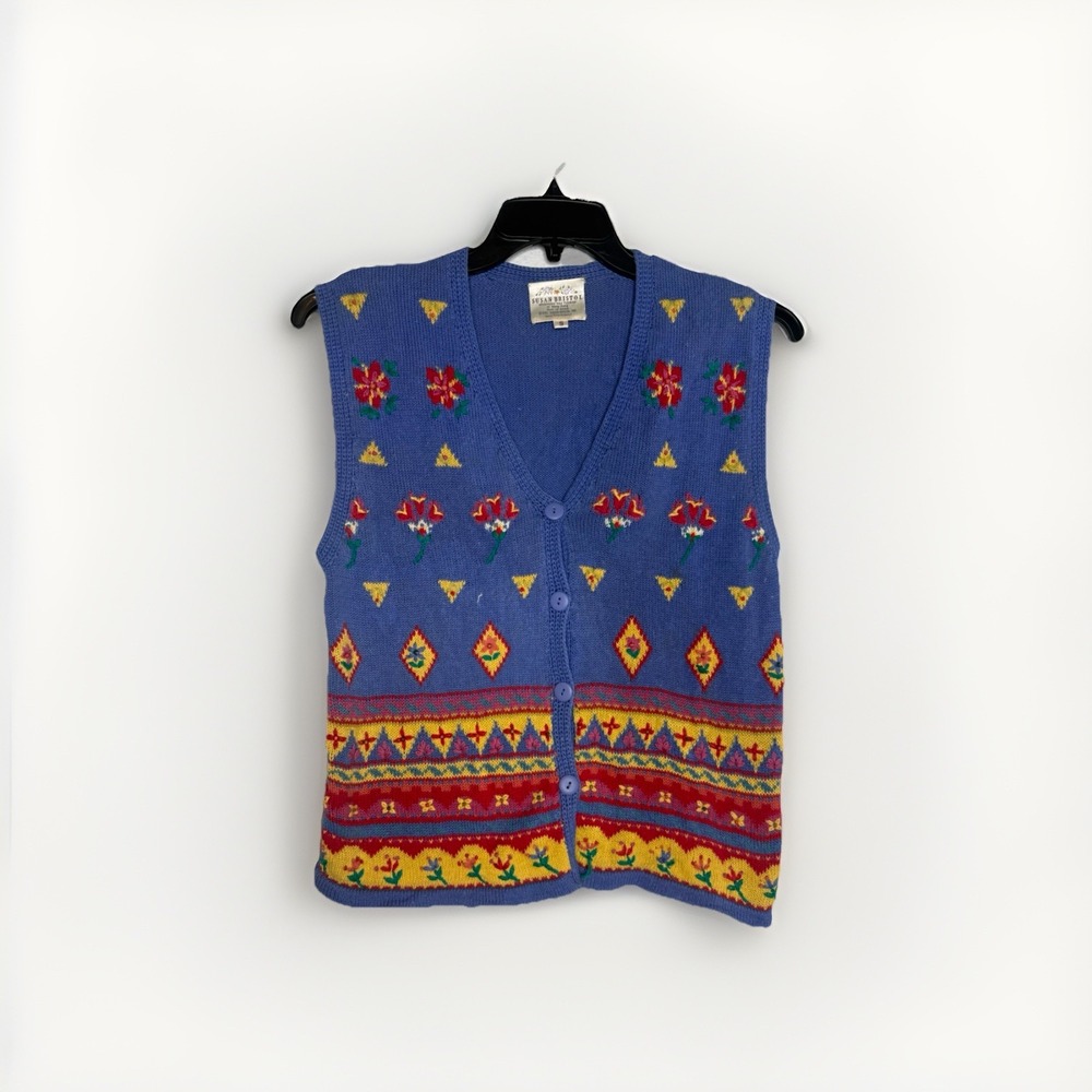 Vintage Susan Bristol Women's S Hand Embroidered Floral Rainbow Vest Teacher